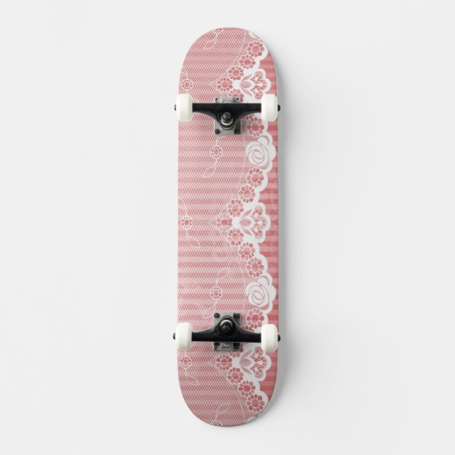 Pink and white background with black lace skateboard (Front)