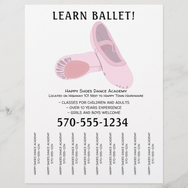 Pink and White Ballet Dance Tear Off Strips Flyer (Front)