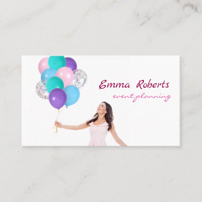 Pink and White Balloons Modern Business card (Front)