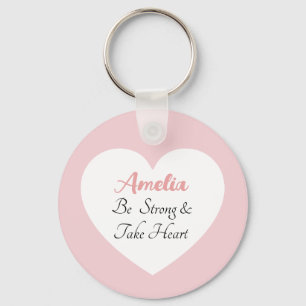 Pink and White Be Strong Bible Verse Name Heart Keychain