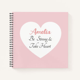 Pink and White Be Strong Bible Verse Name Heart Notebook