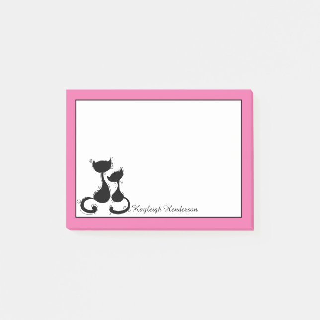 Pink and White Black Cats Silhouette Personalized Post-it Notes (Front)