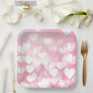 Pink And White Bokeh Hearts Paper Plate