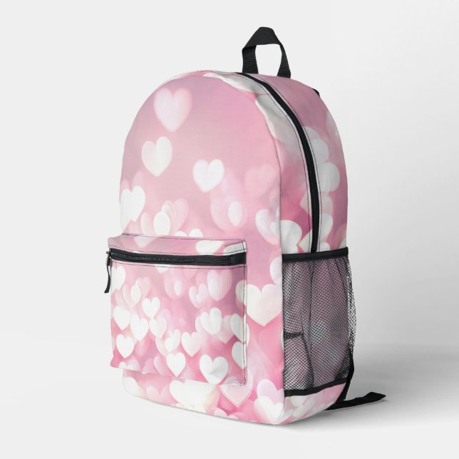 Pink And White Bokeh Hearts Printed Backpack (Back Corner Right)