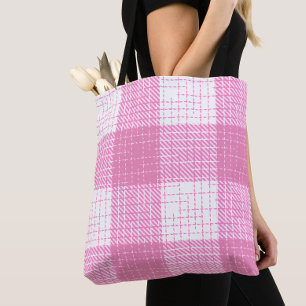 Pink and White Bold Checkered Plaid Design Tote Bag