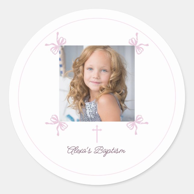 Pink and White bow First Holy Communion Classic Round Sticker (Front)