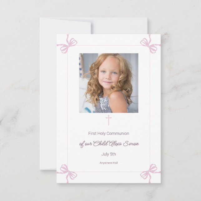 Pink and White bow First Holy Communion RSVP (Front)