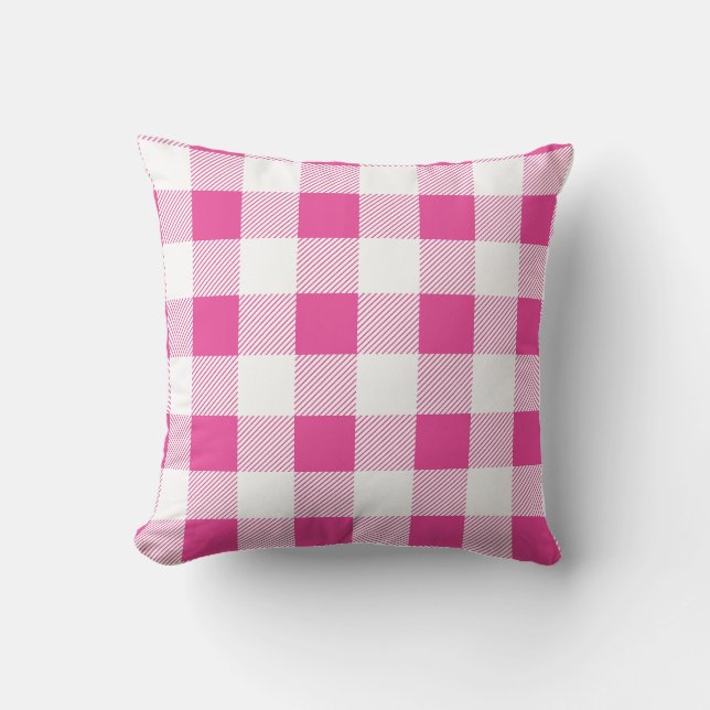 Pink and White Buffalo Check Plaid Rustic Outdoor Pillow (Front)