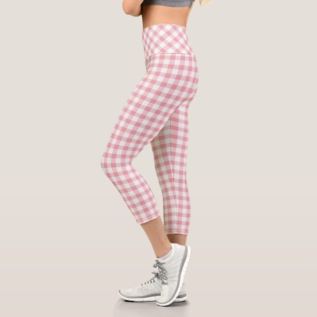 Pink and White Buffalo Plaid Capri Leggings (Left)