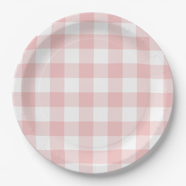 Pink and White Buffalo Plaid Gingham Paper Plate (Front)
