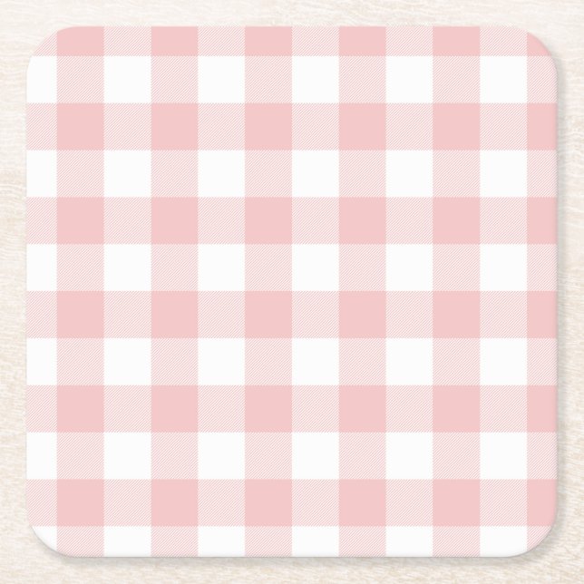 Pink and White Buffalo Plaid Gingham Square Paper Coaster (Front)