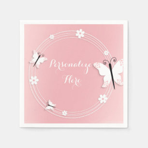 Pink and White Butterflies & Flowers Custom Napkin