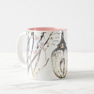Pink and white butterfly and metallic lantern Two-Tone coffee mug