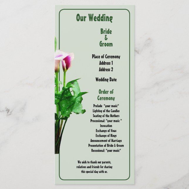 Pink and White Calla Lilies Wedding Program (Front)