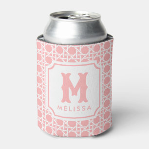Pink and White Cane Rattan Monogram Can Cooler