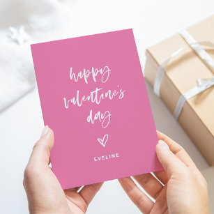 Pink and White   Casual Script and Heart Valentine Holiday Card