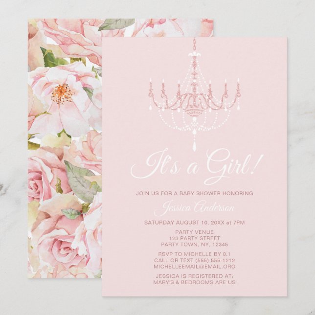 Pink and White Chandelier Floral Rose Baby Shower Invitation (Front/Back)