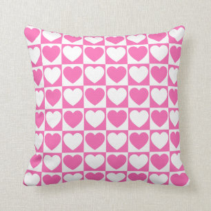 Pink and White Checkered Pattern With Hearts Throw Pillow