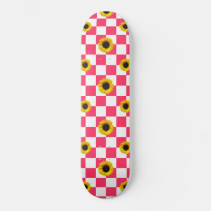 Pink and White Checkered & Sunflower Print Skateboard