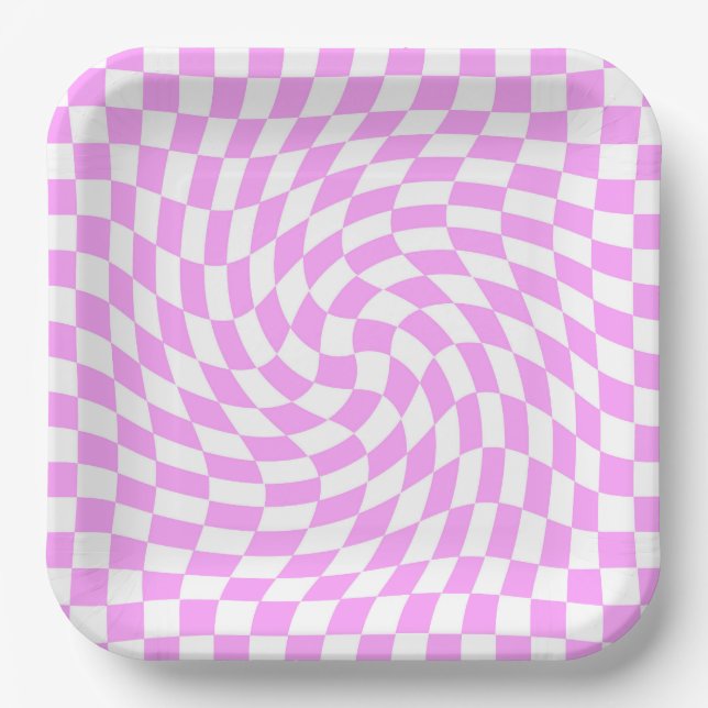 Pink and White Checks Chequered Chic Pattern Paper Plate (Front)