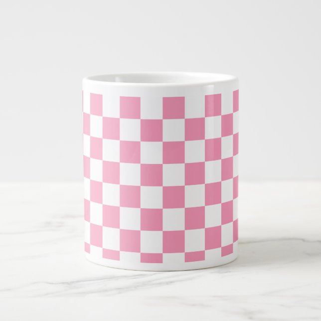Pink and White Chequerboard Pattern Large Coffee Mug (Front)