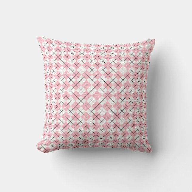 Pink and White Chequered Argyle Pattern Throw Pillow (Front)