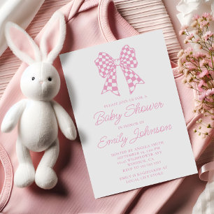 Pink and White Chequered Bow Baby Shower Invitation