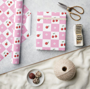 Pink and White Chequered Cherries Wrapping Paper