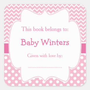 Pink and White Chevron  and Polka Dots Bookplate Square Sticker