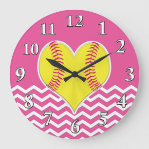Pink and White Chevron Heart Softball Wall Clocks