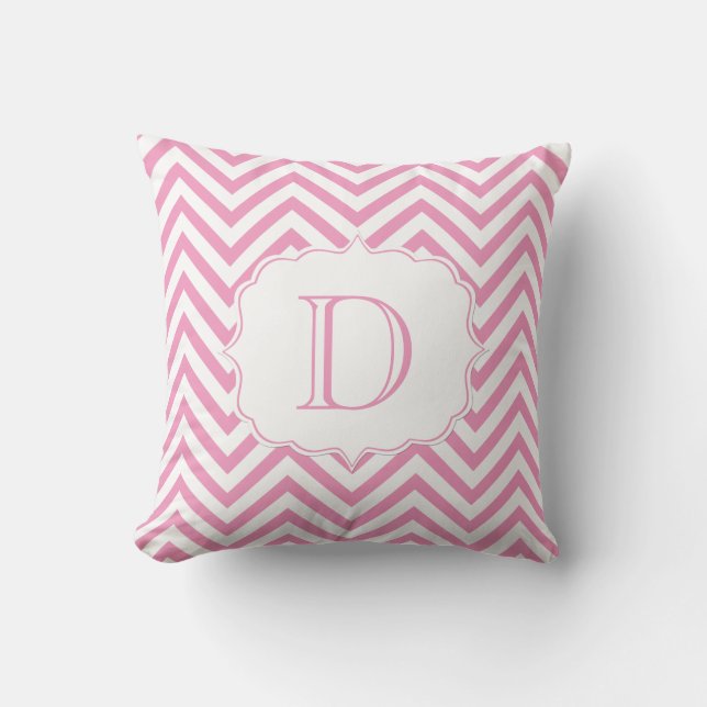 Pink and White Chevron Pattern Monogram Throw Pillow (Front)
