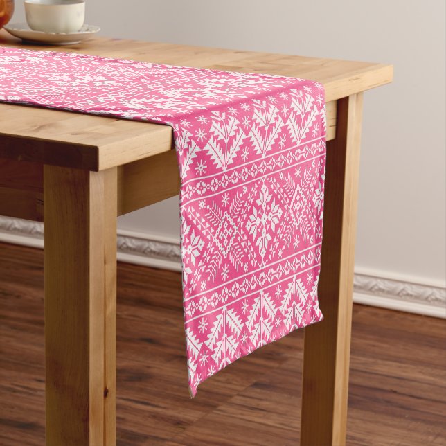 Pink and White Christmas Fair Isle Pattern Short Table Runner (In Situ)
