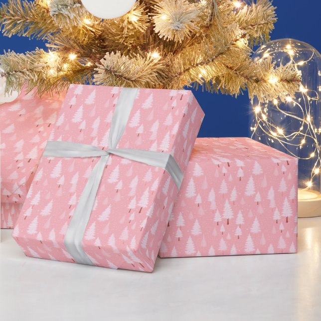 Pink and White Christmas Trees Christmas Wrapping Paper (Holidays)