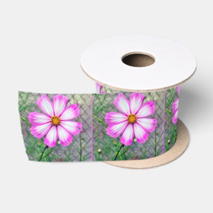 Pink and White Cosmos Flower Satin Ribbon