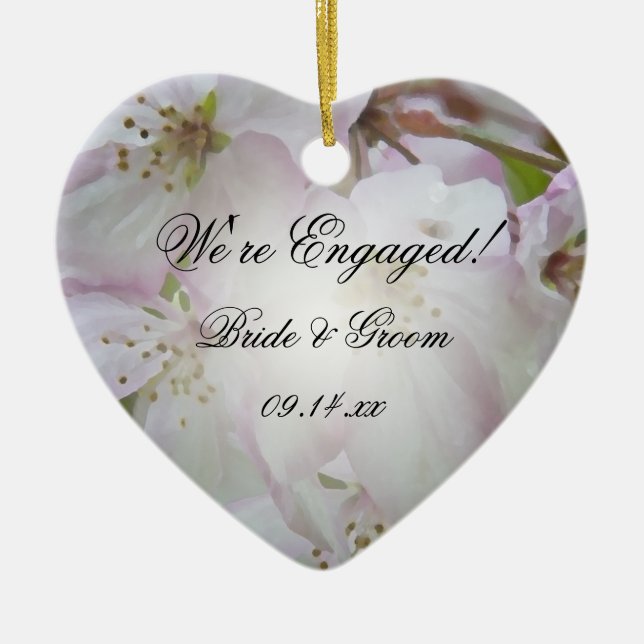 Pink and White Crab Apple Blossoms Engagement Ceramic Ornament (Front)