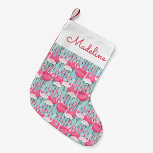 Pink And White Crowd Of Flamingos   Add Your Name Small Christmas Stocking