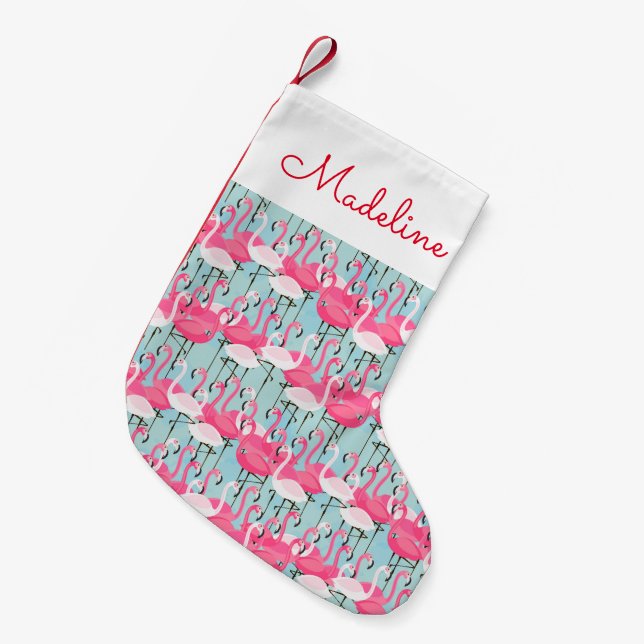 Pink And White Crowd Of Flamingos | Add Your Name Small Christmas Stocking (Front (Hanging))