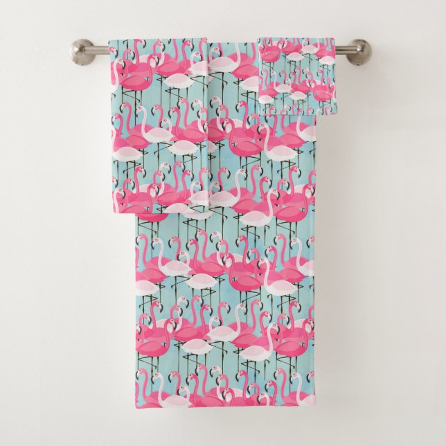 Pink And White Crowd Of Flamingos Bath Towel Set (Insitu)