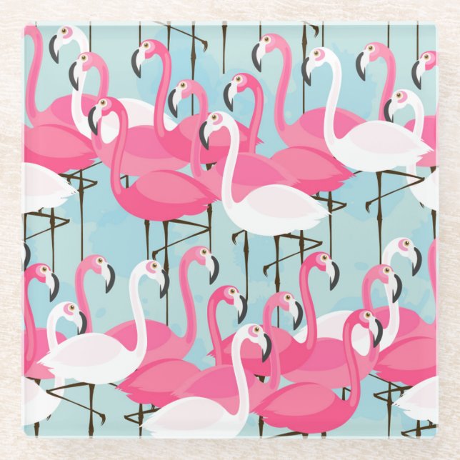 Pink And White Crowd Of Flamingos Glass Coaster (Front)
