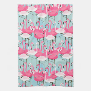 Pink And White Crowd Of Flamingos Kitchen Towel