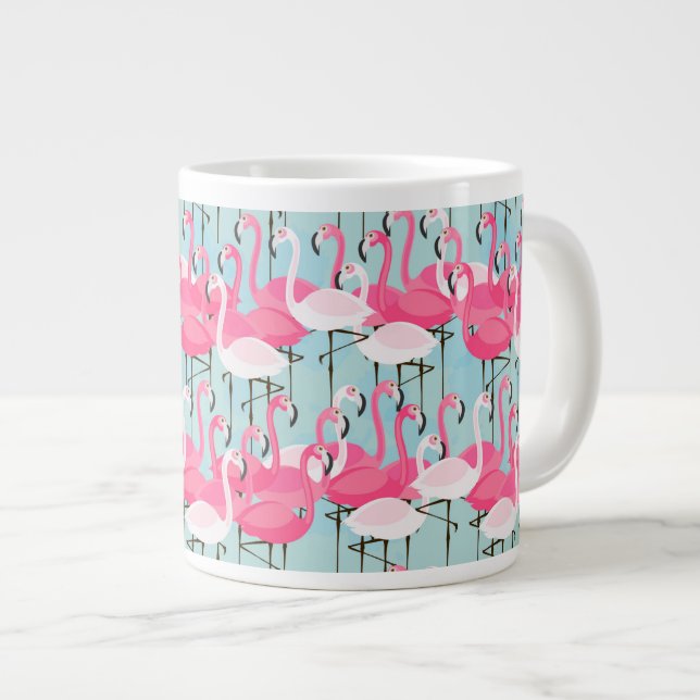 Pink And White Crowd Of Flamingos Large Coffee Mug (Front Right)