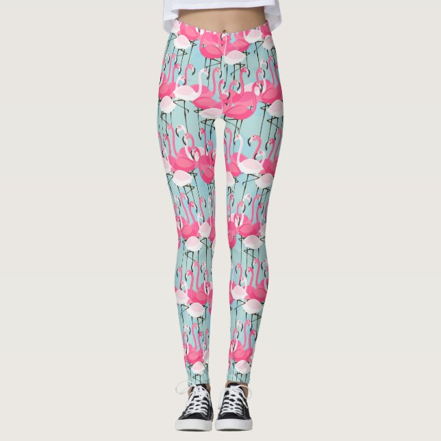 Pink And White Crowd Of Flamingos Leggings (Front)
