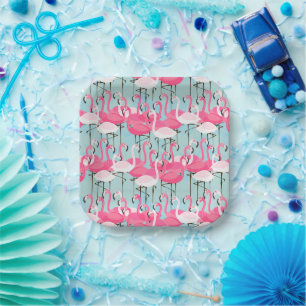 Pink And White Crowd Of Flamingos Paper Plate