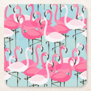 Pink And White Crowd Of Flamingos Square Paper Coaster