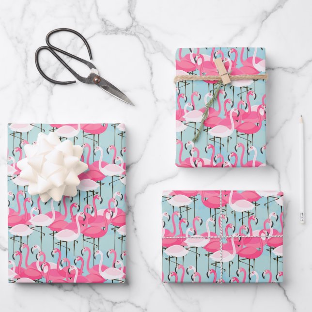 Pink And White Crowd Of Flamingos Wrapping Paper Sheet (Front)