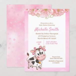 Pink and White Cute Cow Floral Baby Shower     Inv Invitation