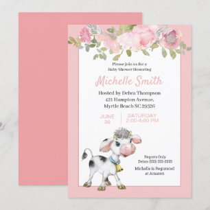  Pink and White Cute Cow Floral Baby Shower     Invitation