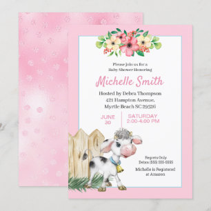 Pink and White Cute Cow Floral Baby Shower     Invitation