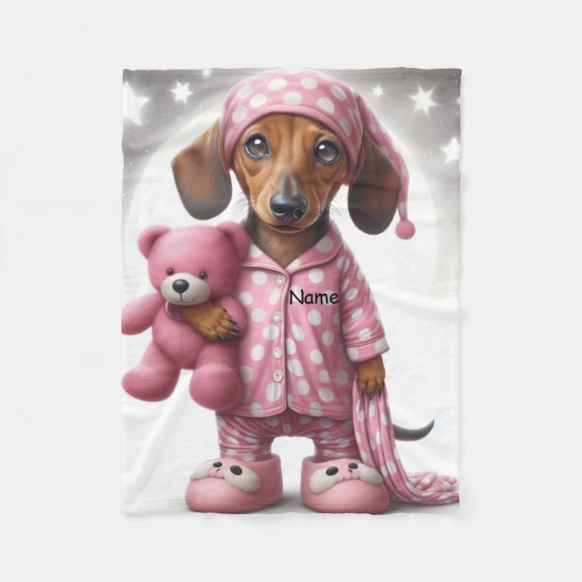 Pink and White Dachshund Fleece Baby Blanket (Front)