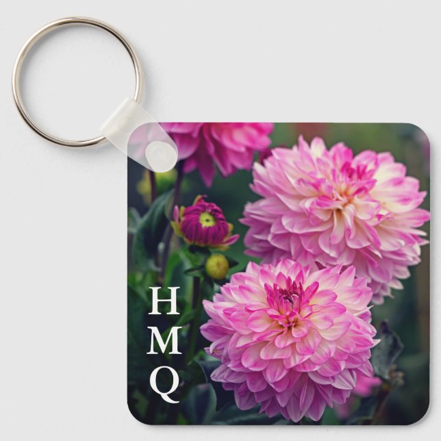 Pink and White Dahlia Flower Initials Keychain (Front)